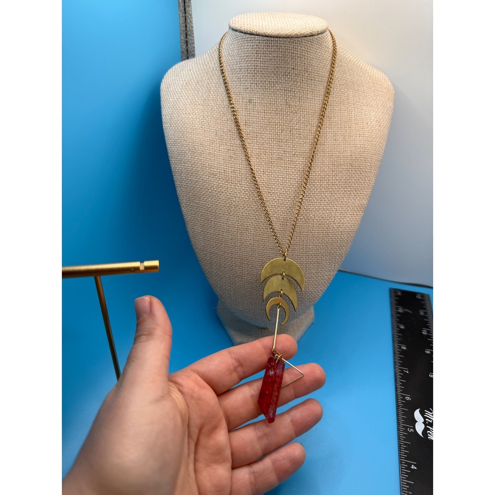 Boho Brass Crescent Moon Red Crystal Necklace Celestial‎ Geometric Gold Tone